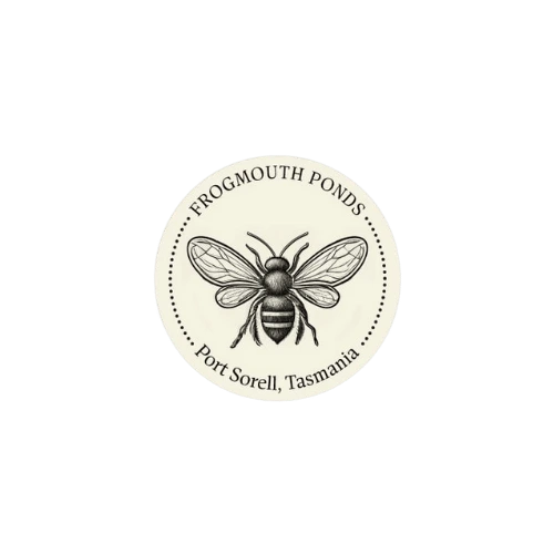 Logo for Frogmouth Ponds, Port Sorell, Tasmania featuring a detailed illustration of a bee, ideal for branding and local search.
