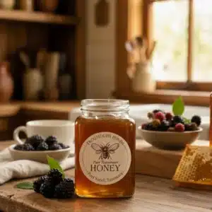 Close-up of a jar of Raw Tasmanian Blackberry Honey by Frogmouth Ponds showing the pale amber color.