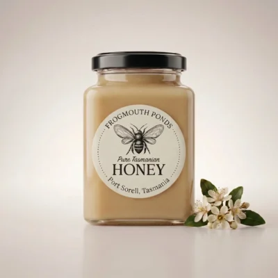 Jar of Frogmouth Ponds creamed Leatherwood honey, pale whipped raw Tasmanian honey with black lid and circular label, beside white leatherwood blossom, Port Sorell Tasmania