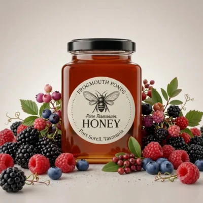 Jar of Frogmouth Ponds pure Tasmanian honey with a black lid and bee-illustrated label, surrounded by fresh blackberries, raspberries and blueberries from Port Sorell, Tasmania