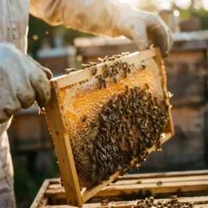 Close-up of gloved hands holding a wooden frame covered in worker bees during a beginner workshop.