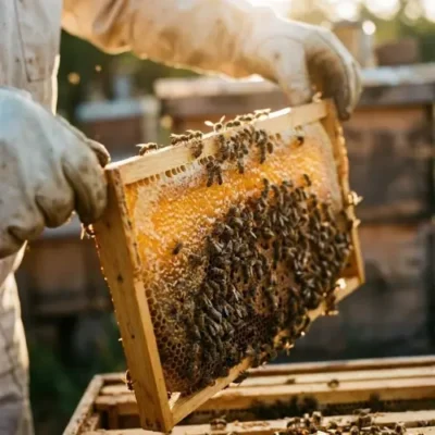 Beekeeping Course Tasmania Close-up of gloved hands holding a wooden frame covered in worker bees during a beginner workshop.