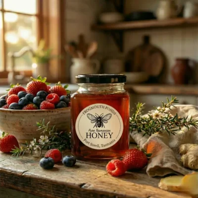 Jar of Frogmouth Ponds Pure Tasmanian Honey surrounded by fresh strawberries, raspberries, and blueberries on a rustic kitchen table, highlighting a sweet breakfast or dessert ingredient.