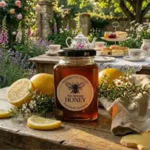 Jar of Frogmouth Ponds Pure Tasmanian Honey on an outdoor garden table with fresh fruit and honeycomb
