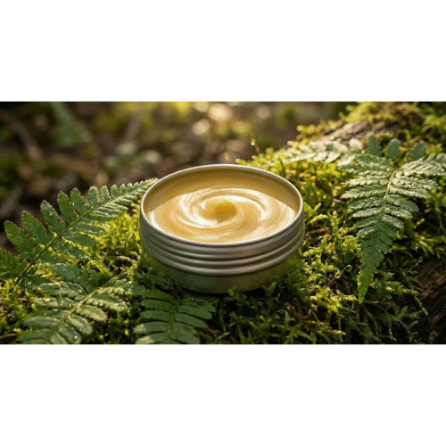 Three silver tins of Frogmouth Ponds Beeswax Lip Balm sitting on a mossy log in the Tasmanian rainforest, surrounded by ferns and dappled sunlight.