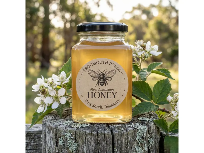 From the Apiary Branded jar of Frogmouth Ponds Blackberry Honey in a Port Sorell field.