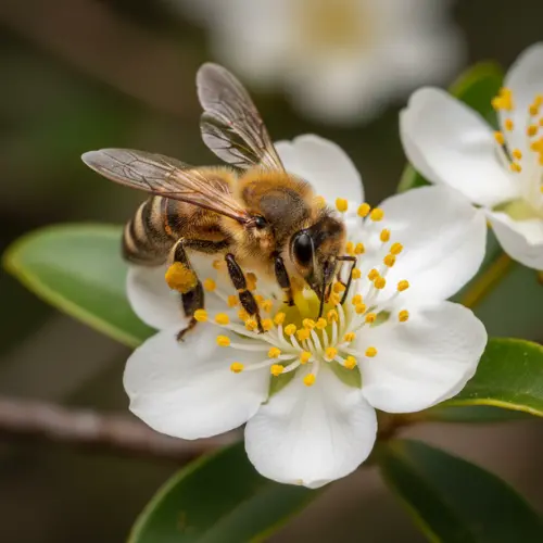 Close-up photograph of a honey bee foraging on a white leatherwood flower with delicate petals and a vibrant yellow center.