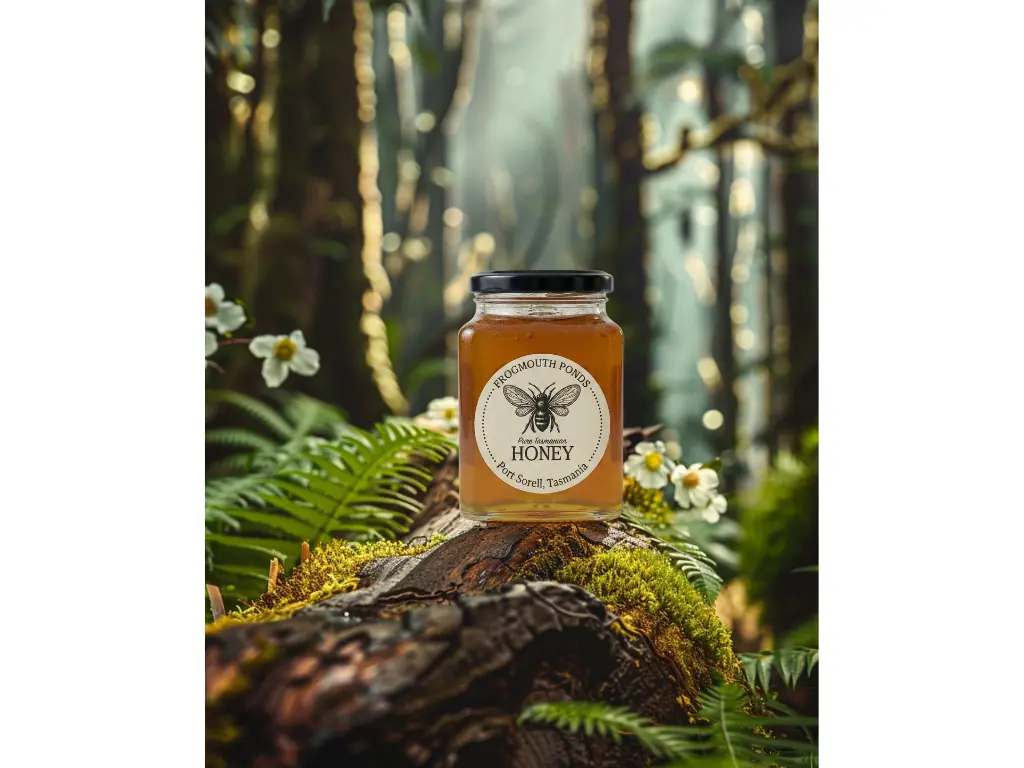 A jar of Frogmouth Ponds Leatherwood Honey sitting on a mossy log in a lush Tasmanian rainforest, representing pure wild harvest.