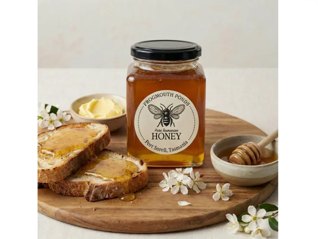 From the Apiary A branded jar of Frogmouth Ponds raw Tasmanian honey served on a round wooden board with buttered toast, a honey dipper, and fresh white blossoms.