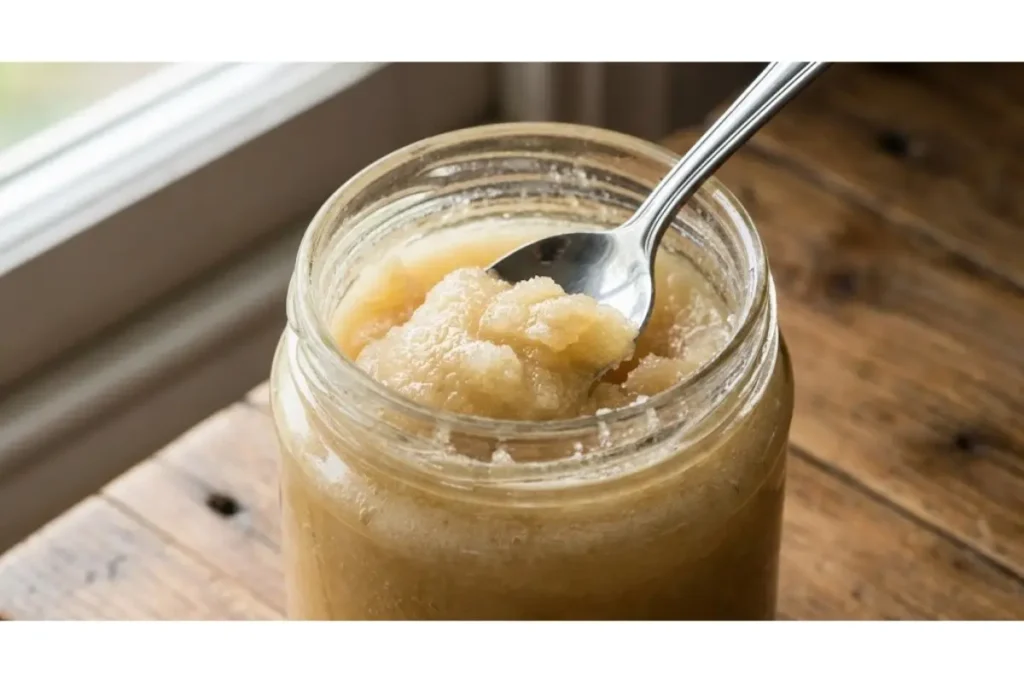 Tasmanian Honey A close-up of crystallized raw honey in a glass jar, demonstrating the natural texture of unheated honey and how to safely re-liquify it.