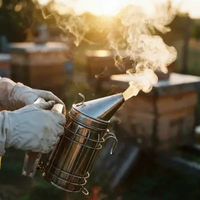 Beekeeping Course Tasmania Stainless steel bee smoker releasing wisps of smoke, backlit by golden sunset light.