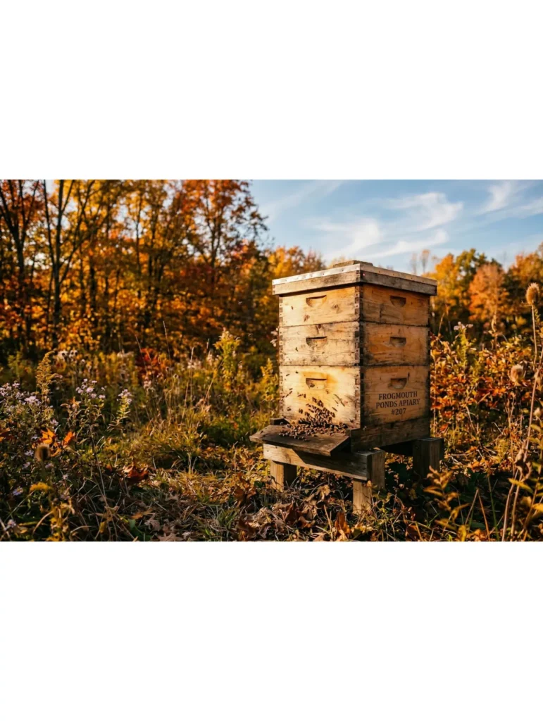 Preparing for Winter: Honey Out, Boxes In Weathered three-story beehive at Frogmouth Ponds Apiary 207, Port Sorell, surrounded by autumn foliage with bees swarming the entrance