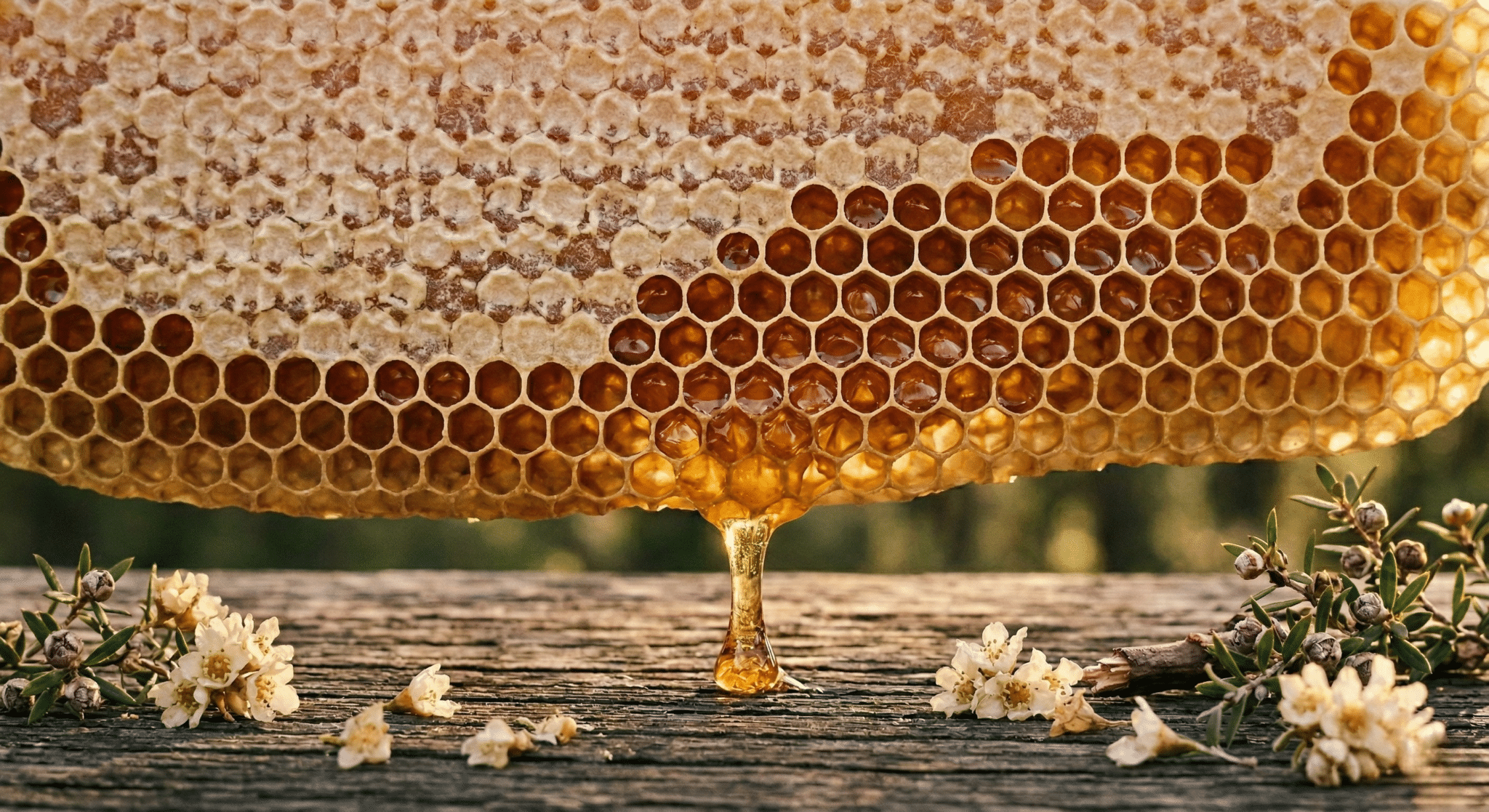 Macro photograph of golden honeycomb dripping fresh amber honey onto weathered timber with dried wildflowers.