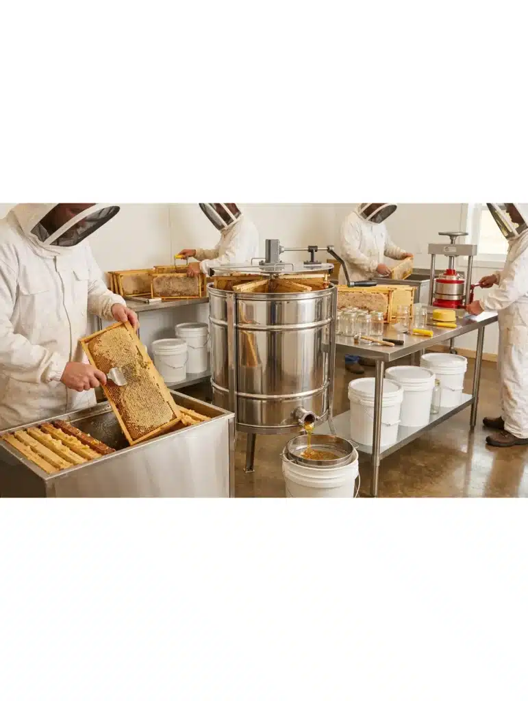 From Hive to Jar: How We Cold-Extract Our Honey A group of beekeepers in white protective suits performing artisan cold honey extraction using a stainless steel centrifuge and manual uncapping tools in a clean, professional workshop.