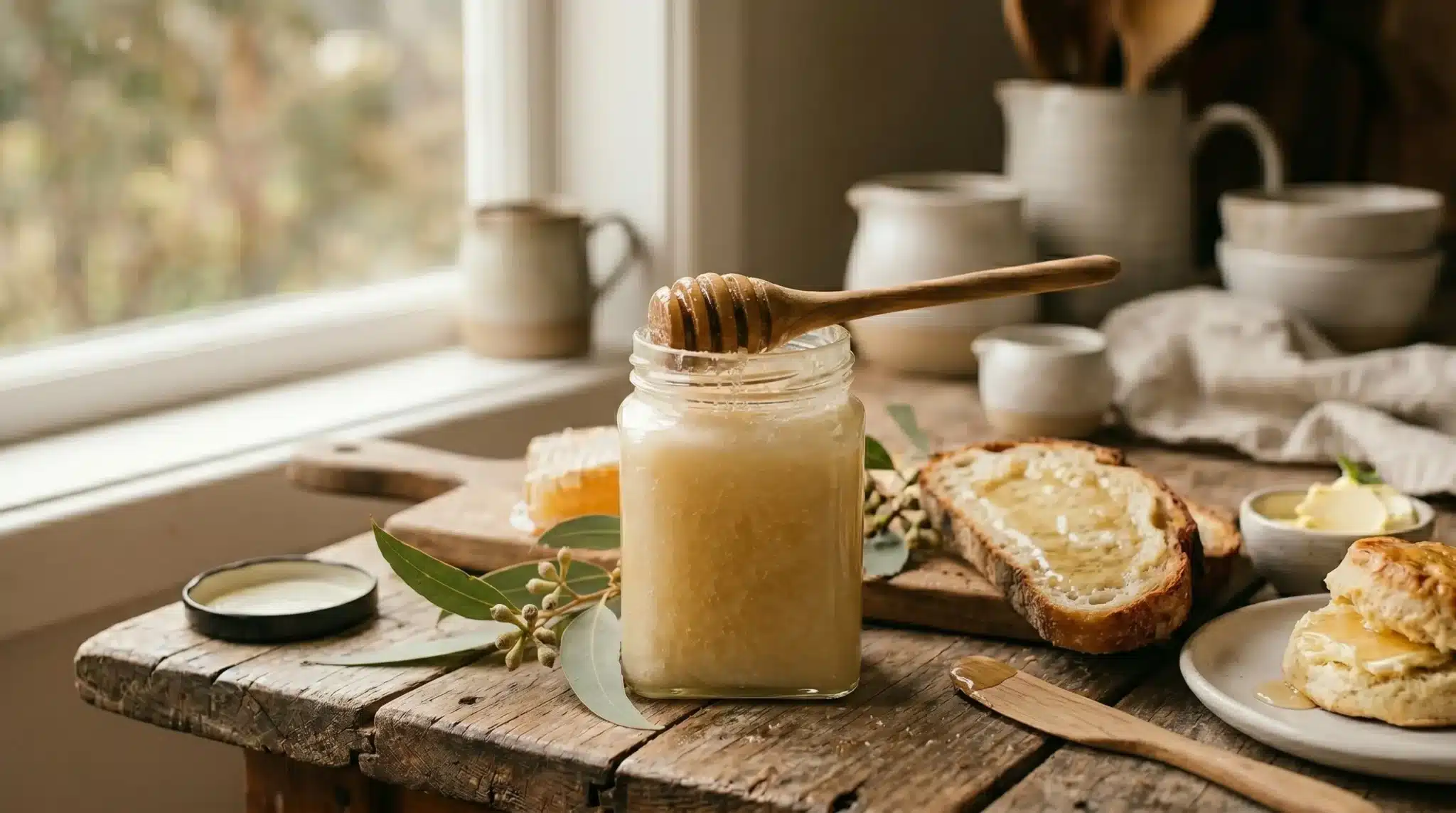 Jar of naturally crystallised Tasmanian honey, creamy and set, with eucalyptus, honeycomb and buttered toast, Frogmouth Ponds
