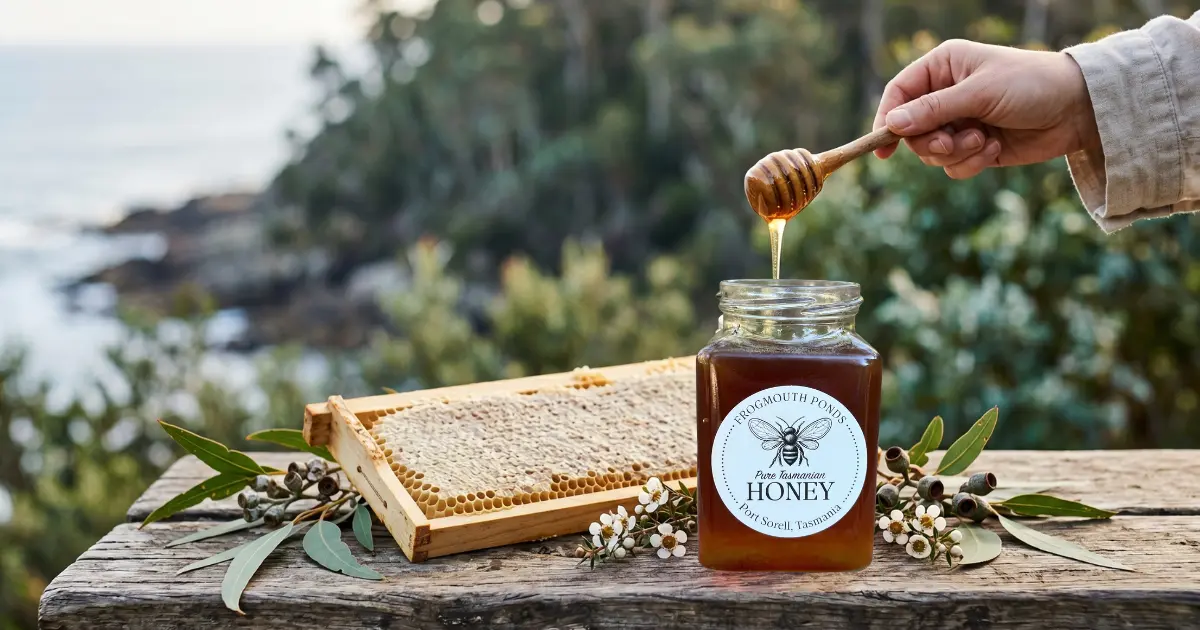 Jar of raw Tasmanian honey with honeycomb and eucalyptus, honey drizzling from a dipper, Frogmouth Ponds Port Sorell