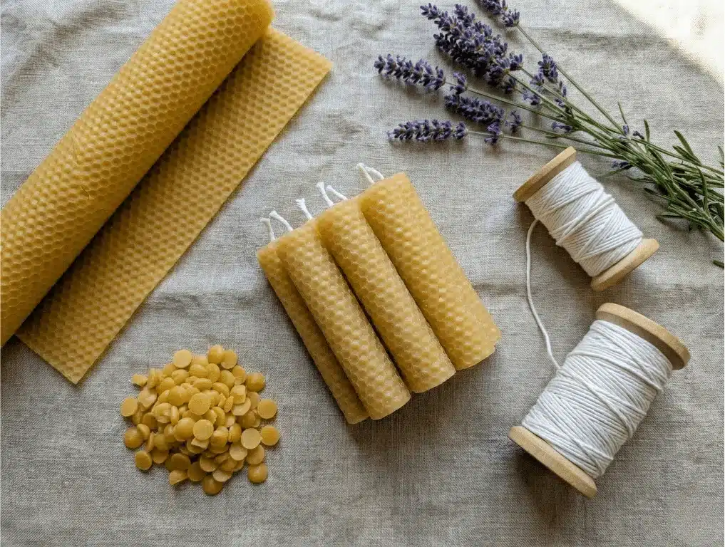Hand-rolled Tasmanian beeswax candles on linen with lavender