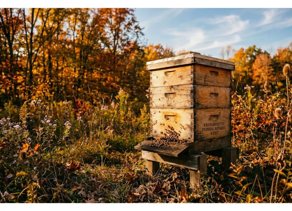 A detailed close-up photograph of a three-story, weathered wooden beehive standing on a rustic stand in a field. The scene is illuminated by the warm, golden light of the late autumn sun, highlighting the vibrant oranges, yellows, and browns of the changing foliage in the background. Countless bees are actively swarming and crawling around the hive's entrance, creating a lively atmosphere. The side of the bottom box is clearly stamped with the words "FROGMOUTH PONDS APIARY #207."