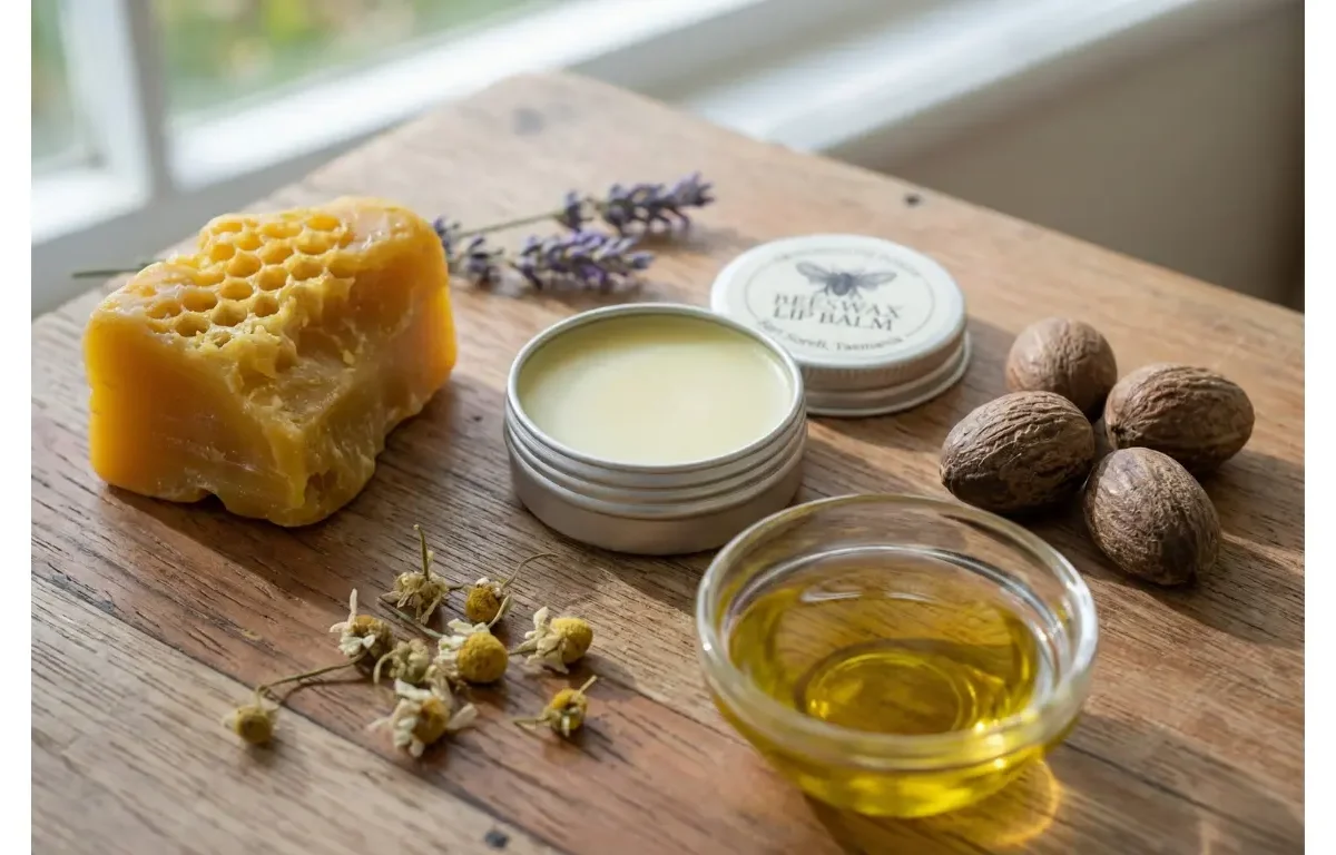 a glass jars of Frogmouth Ponds Pure Tasmanian Honey on a rustic wooden table with honeycomb and a honey dipper.